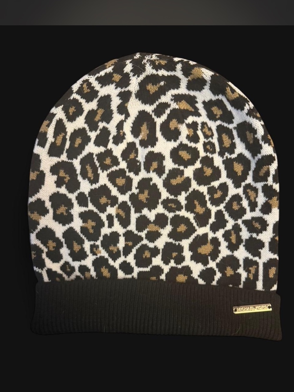 Michael Kors womens Leopard Print Beanie - Black, White & Brown - Picture 2 of 4
